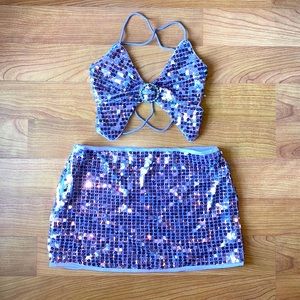 Y2K Mirror Sequin Butterfly Crop Top & Skirt Set